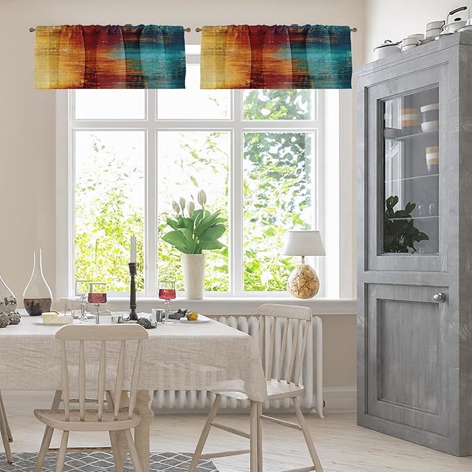 Emvency 4 Pack Valances Window Treatments, Blue and Orange Vintage Abstract Messy Rust Painting Blackout Drapes Adjustable Curtain Valances 52x18 Inch for Windows Living Room Kitchen
