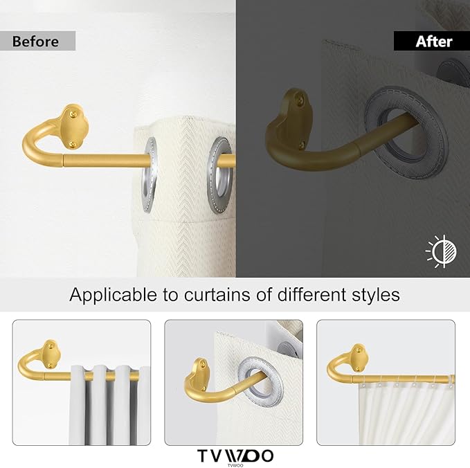 TVWOO Gold Wrap Around Curtain Rods 2 Pack:Small Blackout Adjustable Window Curtain Rod for Bedroom Kitchen Apartment Renter Friendly,Room Darkening Curved Drapery Rods Easy Install,Brass Gold 28-48"