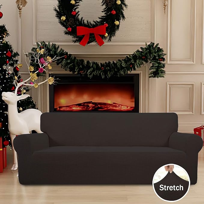 Easy-Going Stretch Oversized Sofa Slipcover 1-Piece Sofa Cover Furniture Protector Couch Soft with Elastic Bottom for Kids, Polyester Spandex Jacquard Fabric Small Checks Chocolate