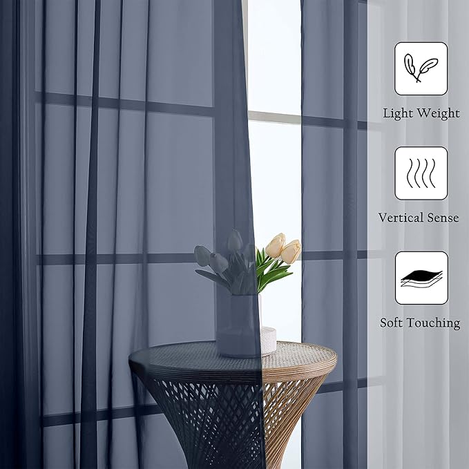 Lecloud Navy Blue Sheer Curtains 96 Inches Long 2 Pcs, Light Filtering Window Curtains for Living Room Bedroom Dining Room, Vintage Home Decor Rod Pockets Privacy Drapes, Each Panel 59" W x 96" L