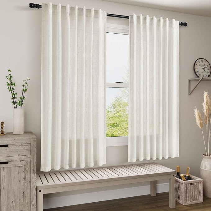 Neutral Semi Sheer Cream Linen Curtains 64 Inch Length 2 Panel Set Soft Airy Farmhouse Back Tab Rod Pocket Curtains for Bedroom Light Filtering Privacy Window Drapes for Living Room 52x64 Inches