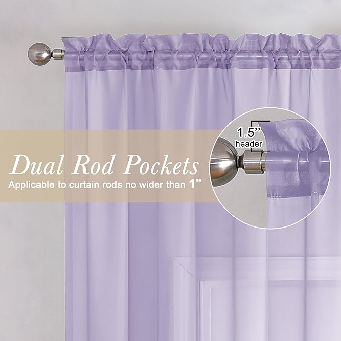 Lecloud Lavender Sheer Kitchen Curtains 54 Inch Length 2 Panels, Double Rod Pockets Window Living Room Light Purple Curtain, Balance Light & Privacy Solid Voile Girls Bedroom Drapes, 40W x 54L