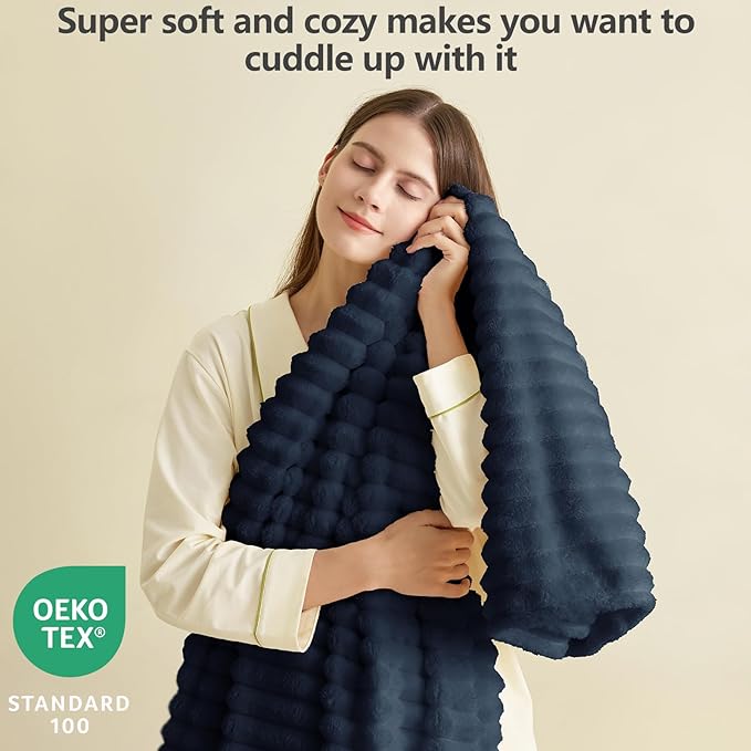 HIMEET Navy Blue Ribbed Throw Blanket for Couch - 300GSM Lightweight Soft Fleece Blanket for Women Men, Cozy Blankets for Mothers Gifts, Striped Spring Home Room Decor, Navy Blue, 50x60 Inches