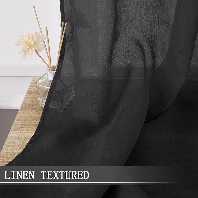 Tollpiz Short Sheer Curtains Linen Textured Living Room Curtain Sheers Light Filtering Rod Pocket Voile Curtains for Bedroom, 42 x 45 inches Long, Black, Set of 2 Panels