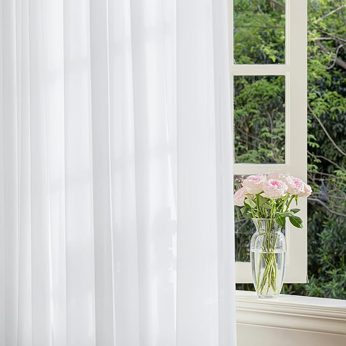 FMFUNCTEX Sheer Non-See-Through White Curtains for Bedroom, Faux Silk that Let Light Curtains 72 inches Long Light Filtering Privacy Sheer Window Drapes for Living Room, Rod Pocket 2 Panels Set