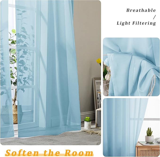Gwine Sky Blue Sheer Curtains 84 Inches Long 2 Panels Set for Living Room, Rod Pocket Voile Bedroom Curtains, Light Filtering Solid Window Sheer Panels, Each 42" Wx84 L