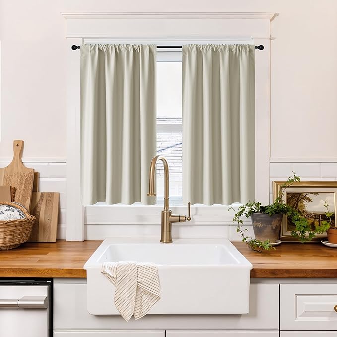 RYB HOME 100% Blackout Short Curtains for Small Window, Thermal Insulated Total Room Darkening Noise Reducing Curtains for Kitchen Bathroom Basement, 42 inches Wide by 45 inches Long, Natural