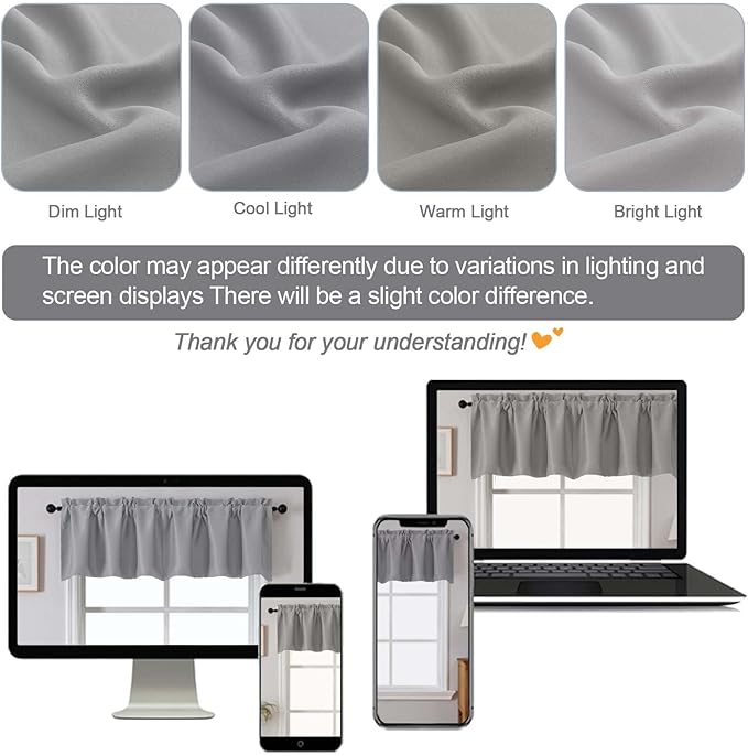Chyhomenyc Blackout Valances for Windows, Short Window Valance Curtains for Living Room Bedroom Bathroom, Room Darkening Solid Privacy Small Kitchen Valances, 60Wx16L, 2 Pack, Silver Grey