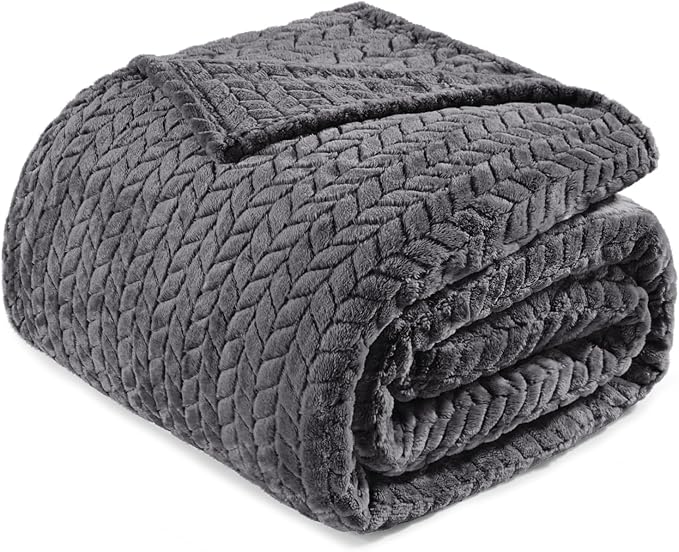 Exclusivo Mezcla Fleece Queen Size Blanket for Bed, 90x90 Inches Soft Cozy Jacquard Flannel Blankets, Lightweight Fuzzy Plush Warm for Women, Dark Grey
