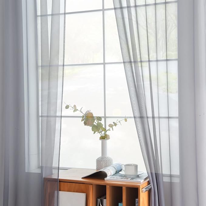 youleyar Solid Sheer Rod Pocket Curtain Voile Draperies 2 Panels White Beige Black Grey Coffee 52 Inch Width 84 Inch Long 1 Pair for Kitchen Bedroom Children Living Room Yard(Grey,52Wｘ84L)