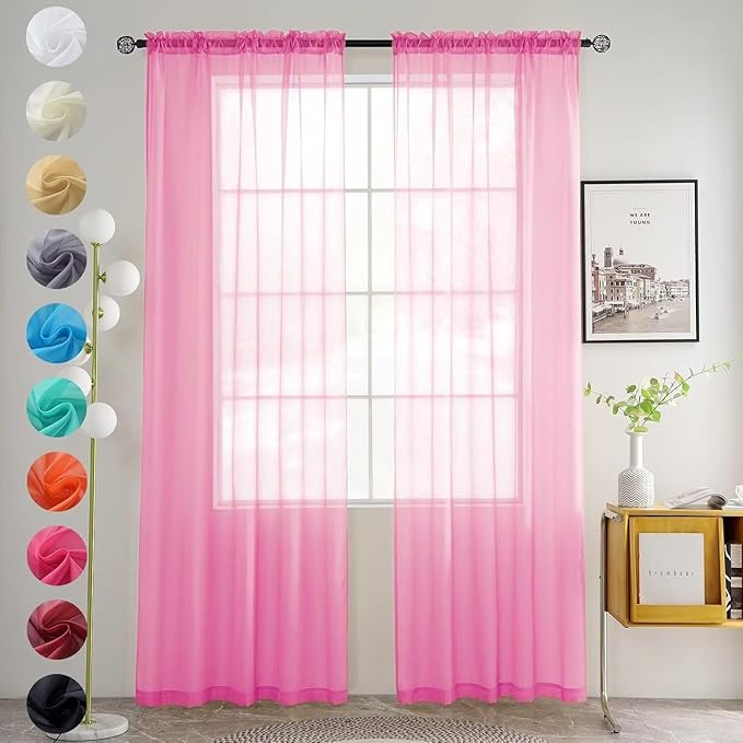 youleyar Solid Sheer Rod Pocket Curtain Voile Draperies 2 Panels White Beige Black Grey Coffee 52 Inch Width 84 Inch Long 1 Pair for Kitchen Bedroom Children Living Room Yard (New Pink,52Wｘ84L)