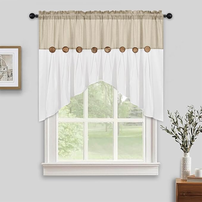 FRAMICS Farmhouse Swag Curtain, Boho Cotton Linen Valance Curtain, Rustic Button Window Valance for Kitchen, Country Rod Pocket Valances for Windows Bathroom Bedroom, Linen and White, 52 x 36 Inch