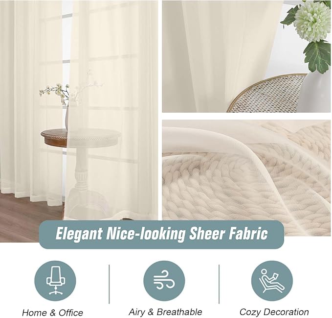 Cream Sheer Curtains for Windows 108 inches Long 2 Panels Set, Soft Lightweight Light Filtering Drapes for Living Room Bedroom, Dual Rod Pocket Sheer Curtains, 2x42Wx108L inches