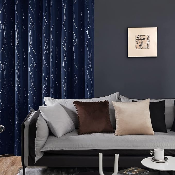 Deconovo Blackout Curtains, Thermal Insulated Noise‑Reducing Grommet Drapes, Wave Line Dot Foil Print, 38 x 54 Inch Long, 2 Panels, Machine‑Washable Window Curtains for Bedroom Living Room Kitchen