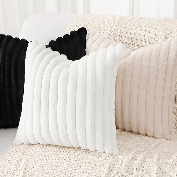 decorUhome Cozy Faux Fur Throw Pillow Covers 26x26 Set of 2 Decorative Soft Plush Striped Modern Farmhouse Boho Couch Euro Sham Pillow Cases with Velvet Back for Sofa Bed Living Room, Black