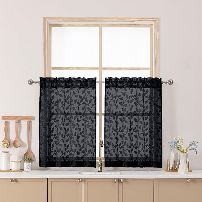 Chyhomenyc Black Sheer Curtains 30 Inch Length, Light Filtering Leaf Tufted Textured Small Window Kitchen Curtain Over Sink, Short Half Window Curtains for Bathroom Basement, 30" Wx30 L, 2 Panels