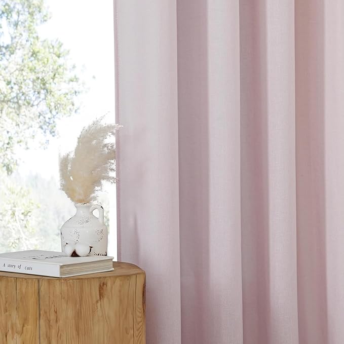 NICETOWN Blush Pink Linen Curtains for Kitchen, Thick Flax Small Window Treatments Semi Sheer Privacy Assured with Light Through for Cafe/Bathroom, W34 x L96, 2 Panels