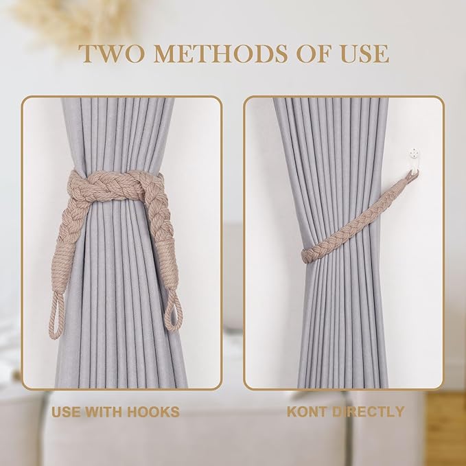 NICEEC 4 Pack Natural Cotton Rope Curtain Tiebacks Elegant Boho Style Decorative Drape Tie Backs Soft Hand-Woven Rope Curtain Holdbacks with Metal Hook for Home & Office Drapery (Grey Coffee)
