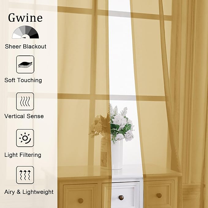 Gwine Gold Sheer Curtain Tiers 24 Inch Length, Light Filtering Voile Short Curtain for Living Room Bedroom, Rod Pocket Cafe Curtains for Small Windows 42x24 Inch, 2PCS