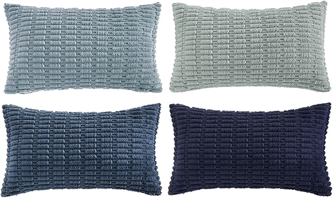 Fancy Homi Set of 4 Blue Lumbar Rectangle Decorative Throw Pillow Covers 16x24 Inch for Couch Bed Chair, Aesthetic Boho Room Decor, Soft Fuzzy Thick Corduroy Textured Coastal Blue Cushion Case 40x60cm
