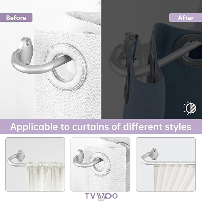 TVWOO Silver Wrap Around Curtain Rods:5/8 In Blackout Adjustable Window Curtain Rod for Bedroom Kitchen Apartment Renter Friendly,Room Darkening Curved Drapery Rods Easy Install,Antique Silver 48-90"