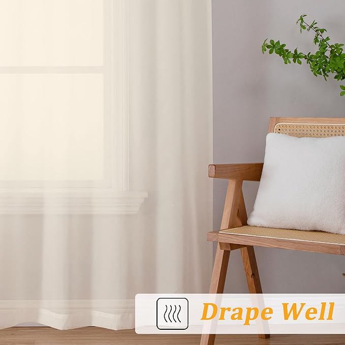 Gwine Cream Sheer Kitchen Curtains 36 Inch Length, Light Filtering Voile Soft Airy Small Cafe Curtains, Short Window Curtain for Bathroom Basement, 42x36 inch, 2PCS