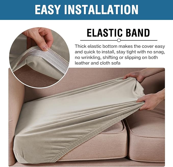H.VERSAILTEX Velvet Stretch Couch Cushion Cover Plush Cushion Slipcover for Chair Loveseat Sofa Cushion Furniture Protector Seat Cushion Sofa Cover (3 Piece Sofa Cushion Covers, Oatmeal)