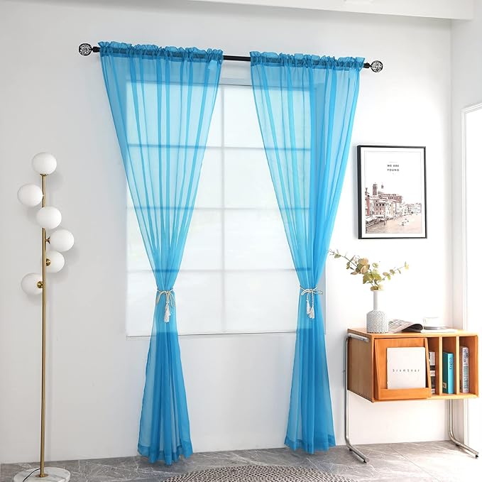 youleyar Solid Sheer Rod Pocket Curtain Voile Draperies 2 Panels White Beige Black Grey Coffee 52 Inch Width 72 Inch Long 1 Pair for Kitchen Bedroom Children Living Room Yard (Cyan Blue,52Wｘ72L)