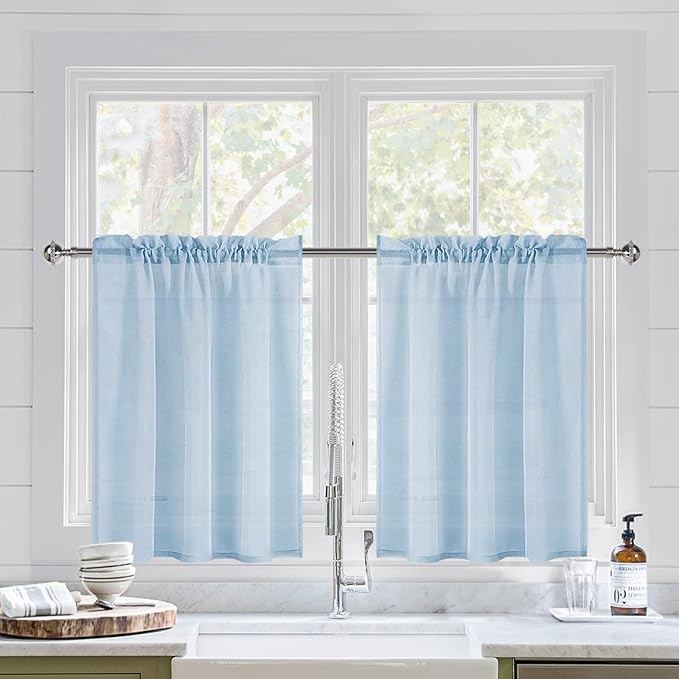 DWCN Sky Blue Sheer Curtains for Kitchen Windows - Rod Pocket Semi Transparent Voile Tier Curtains for Bedroom, Living Room, Farmhouse, 36 x 36 inches Long, Set of 2 Panels