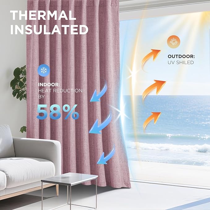 Joydeco Linen Blackout Curtains for Bedroom - 100% Light Blocking 1 Panels, Pink Drapes 100" W x 108" L, Thermal Insulated Room Darkening Curtains for Living Room, Rod Pocket & Back Tabs