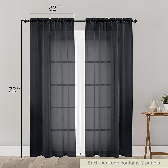Black Sheer Curtain for Bedroom Living Room 72 Inches Long 2 Panels Set, Solid Soft Airy Light Filtering Sheer Window Curtains, Modern Rod Pocket Door Curtain, Black, 42" Wx72 L Inches