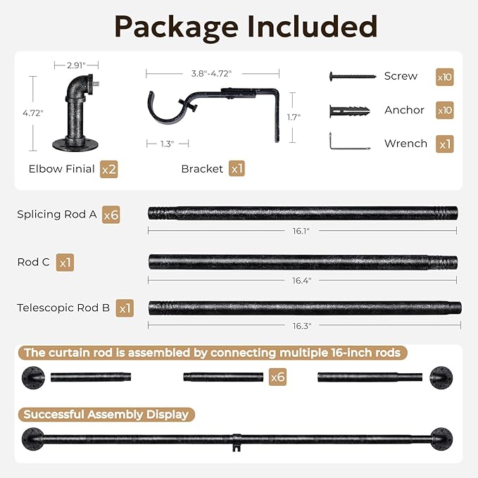 Zeerobee Curtain Rods for Windows 66 to 120, 1 Inch Industrial Wrap Around Vintage Black Curtain Rod, Indoor/Outdoor Room Divider Adjustable Drapery Pole, 66"-120"