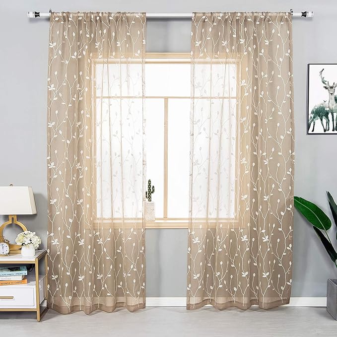 AmHoo 2 Panels Embroidered Leaf Pattern Semi Sheer Curtains Foliage Floral Voile Window Draperies Treatment for Bedroom Living Room Rod Pocket Taupe 53 x 95 Inch