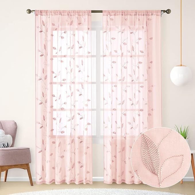 HOMEIDEAS Blush Pink Sheer Curtains 52 X 84 Inches Length 2 Panels Embroidered Leaf Pattern Pocket Faux Linen Floral Semi Sheer Voile Window Drapes for Bedroom Living Room