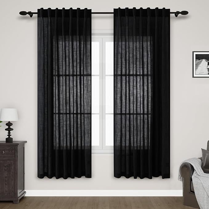 Nanspring Black Semi Sheer Linen Curtains 78 inch Length for Living Room Back Tab Rod Pocket Modern Farmhouse Coastal Decor Black Cotton Textured Gauze Curtains for Dining Room Office 52x78