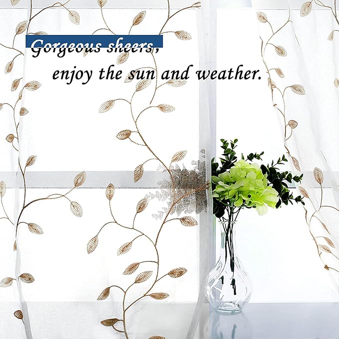 MRTREES Sheer Curtain Valances 2 Panels, Leaves Embroidered Voile Valance Curtains Rod Pocket, 54x16 Inches Small Sheer Window Curtain Valance for Bedroom/Living Room/Kitchen/Basement(Taupe Leaves)