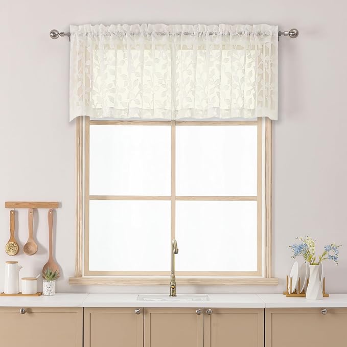 Chyhomenyc Ivory Sheer Valances for Windows 18 Inch Length 2 Pcs, Light Filtering Leaf Textured Cafe Short Kitchen Curtains, Top Small Curtain for Living Room Bedroom Basement, 42" W x 18" L