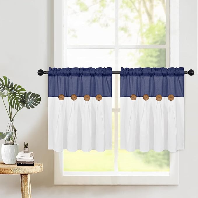FRAMICS Boho Kitchen Curtains 24 Inch Length, Farmhouse Cotton Linen Tier Curtains, Rustic Button Short Curtain for Windows, Navy Blue Country Cafe Curtain, Rod Pocket Small Window Tiers, 26x24