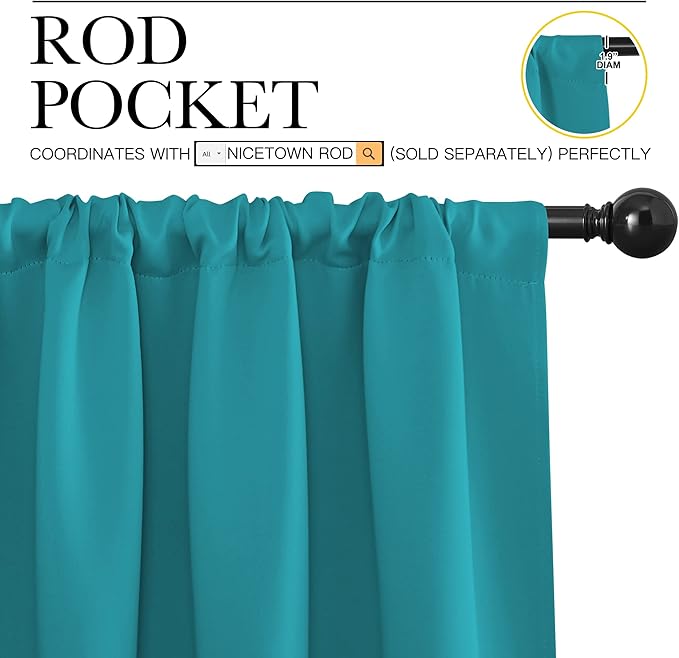 NICETOWN Peacock Blue Blackout Curtains Panels for Window, Thermal Insulated Rod Pocket Blackout Drapes/Draperies for Living Room (2 Panels, W42 x L63 inches)