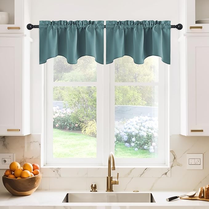 NICETOWN Room Darkening Valance for Windows - 42 inches by 18 inches Long Scalloped Rod Pocket Valance Curtain Panel for Small/Bay/Kitchen/Bathroom Window, Greyish Blue, 2 Panels