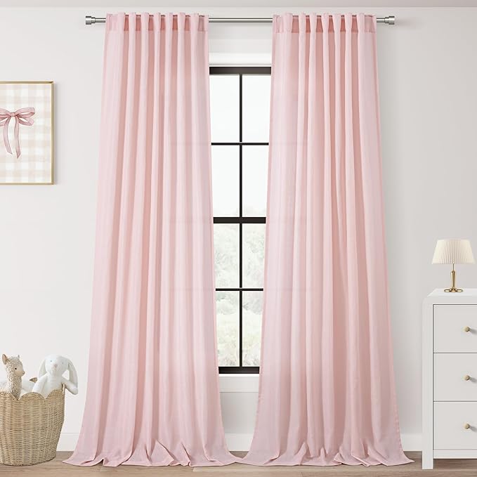 Extra Long Light Pink Linen Curtains 120 Inch Length 2 Panels for Girls Bedroom Living Room Light Filtering Semi Sheer Window Drapes Back Tab Rod Pocket Modern Farmhouse Decor