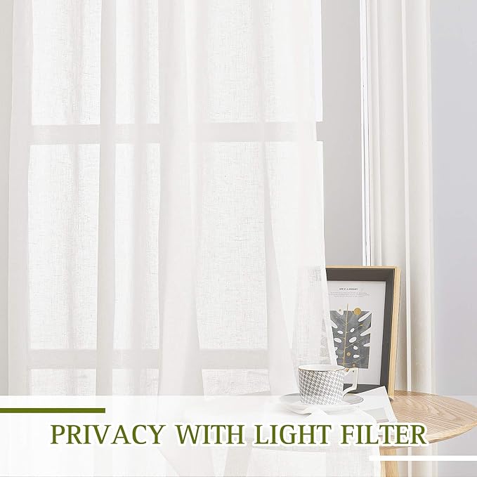 NICETOWN Faux Flax Linen Light Filtering Sheer Curtains for Sliding Door, Grommet Rustic Flax Window Treatment Semi Sheer Drapes for Farmhouse/French Door, Ivory, W70 x L84, Set of 2