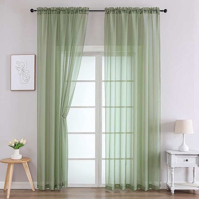 Sheer Green Curtains for Bedroom Living Room 90 Inches Long 2 Panels Set, Soft Airy Light Filtering Sheer Window Treatments, Modern Rod Pocket Curtains Drapes, Each 59" Wx90 L Inch