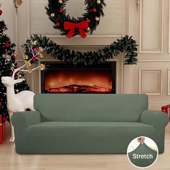 Easy-Going Stretch Oversized Sofa Slipcover 1-Piece Sofa Cover Furniture Protector Couch Soft with Elastic Bottom for Kids, Polyester Spandex Jacquard Fabric Small Checks Greyish Green