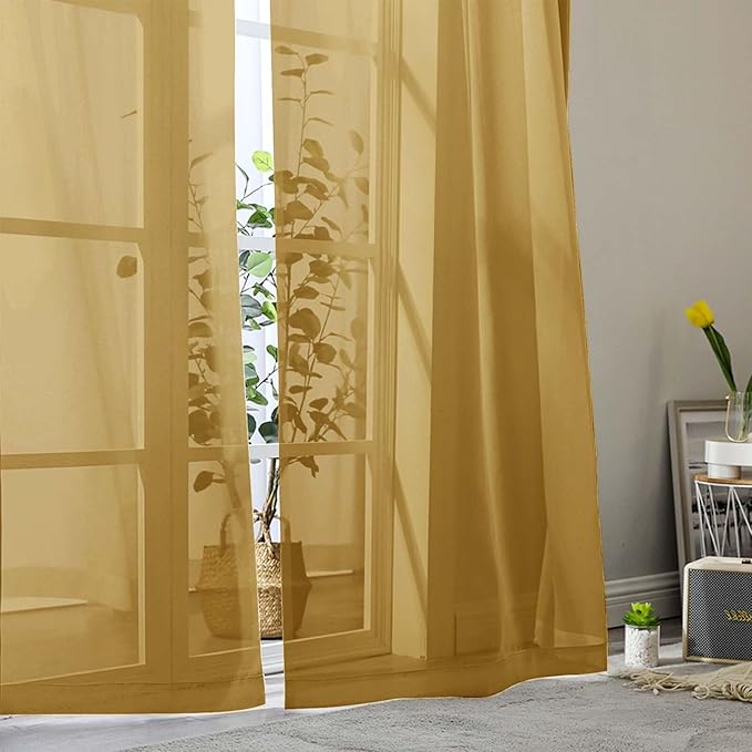 Sheer Gold Curtains for Bedroom Living Room 54 Inch Length 2 Panels Set, Solid Soft Airy Light Filtering Window Treatments, Modern Rod Pocket Drapes, Gold, 42" Wx54 L Inches