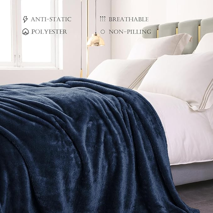 Exclusivo Mezcla Plush Fuzzy Fleece Bed Blanket Queen Size, Super Soft, Fluffy and Warm Blankets for Couch, Bed, All Season (Navy Blue, 90x90 inches)