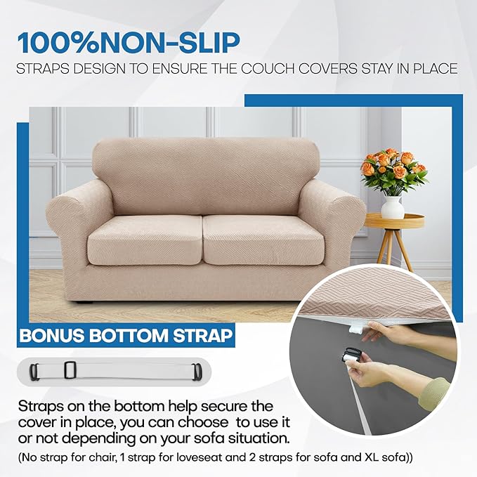 XINEAGE 2026 New 4 Pieces Couch Covers for 3 Cushion Couch Super Stretch Thick Soft Sofa Cover Anti Slip Sofa Slipcover Dogs Cats Furniture Protector (Khaki, 71"-91")