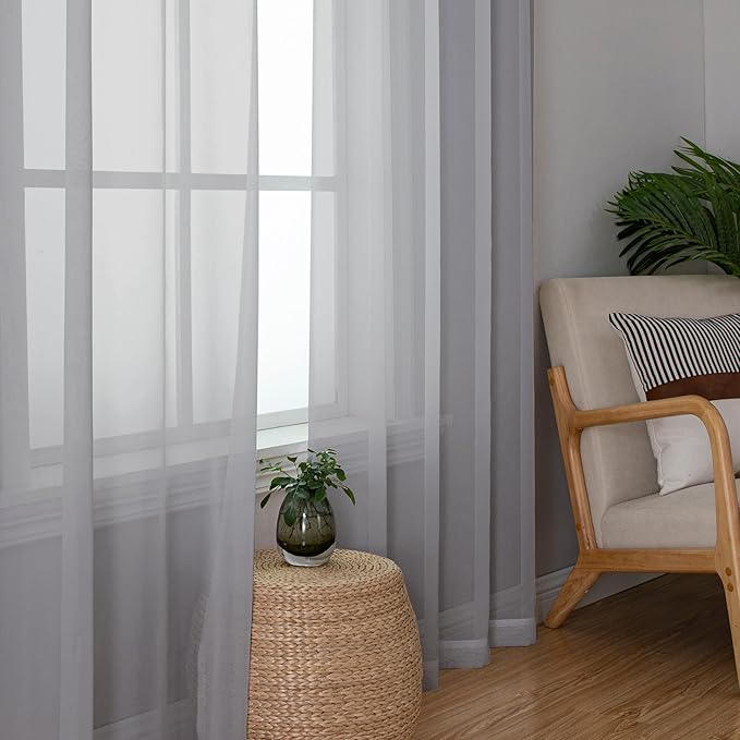 OWENIE Light Grey Sheer Curtains 90 Inches Long for Living Room 2 Panels Set, Soft Solid Living Room Sheer Curtains for Bedroom, Rod Pocket Light Filtering Farmhouse Curtains, 42" Wx90 L