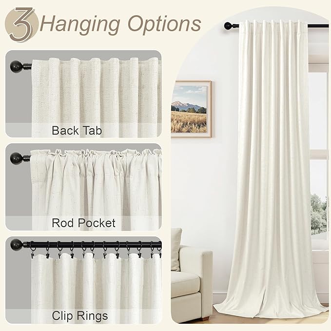 Drapes 92 Inch Length 2 Panels Set for Bedroom Linen Textured Viral Lightweight Blackout Long Curtains for Sliding Glass Door Energy Efficient Sun Blocking Sound Absorbing Country Style Back Tab Cream