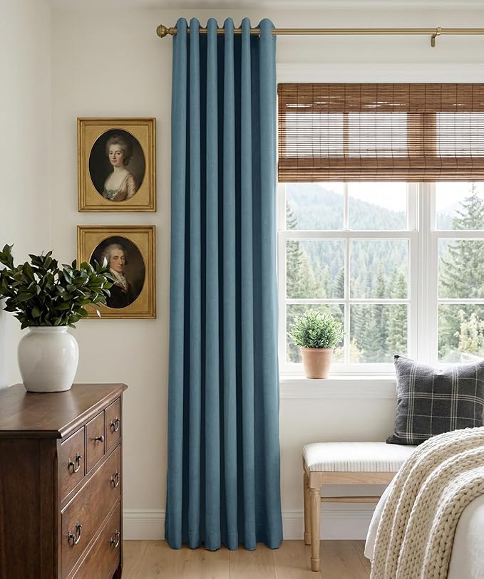 100% Blackout Shield Linen Blackout Curtains for Bedroom, Stone Blue Grommet Curtains for Living Room, Thermal Insulated Room Darkening Drapes for Nursery, Boho Home Decor, 50" W x 90" L, 2 Panels